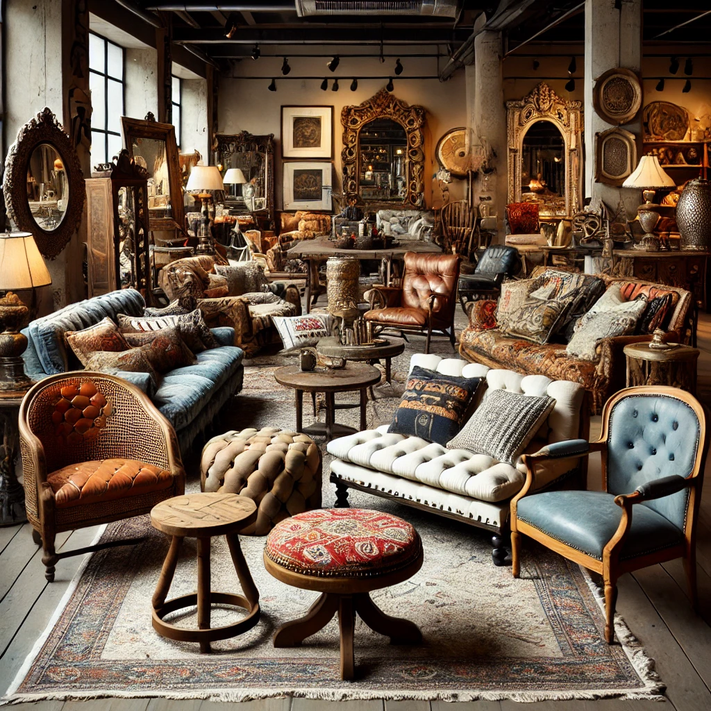 Vintage and eclectic, with a mix of textures and finishes.