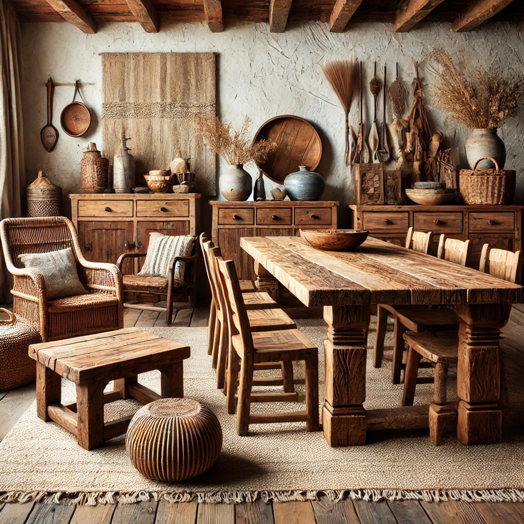 Rustic wood, natural materials, and worn finishes.