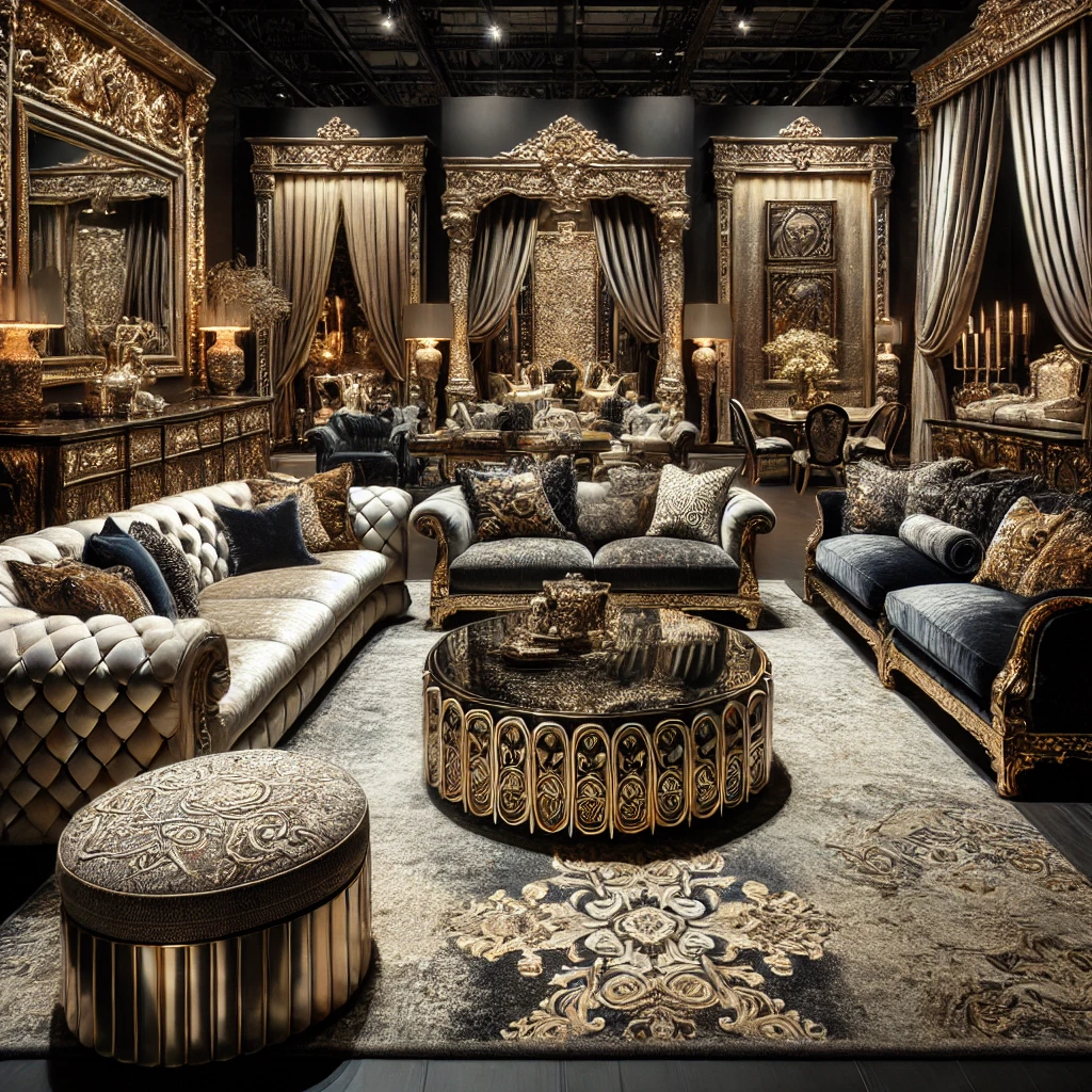 Ornate, luxurious, with metallic accents and bold fabrics.