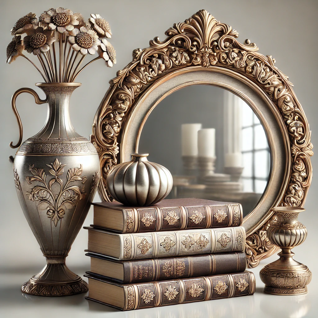 Elegant, timeless decor – think vases, mirrors, and books.