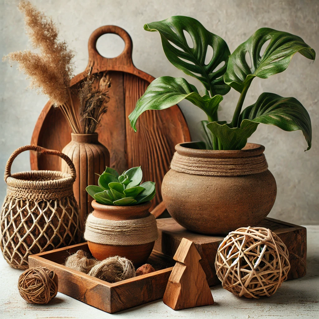 Organic, rustic pieces like plants, wood accents, and woven baskets.