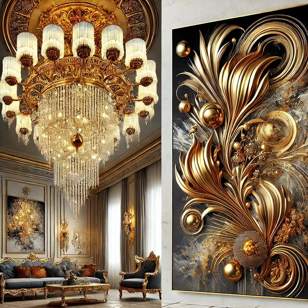 Eye-catching, statement pieces like chandeliers or art with gold accents.