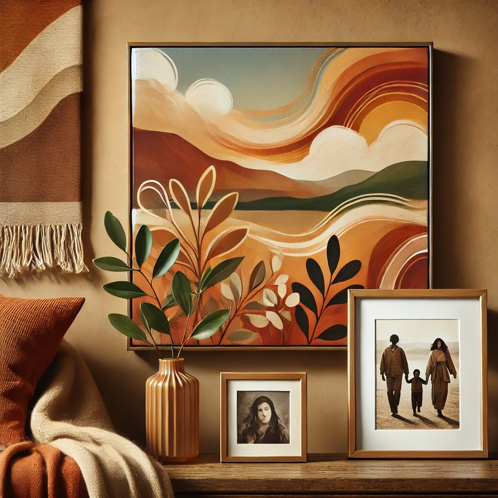 Warm landscapes and abstract art or family photos.